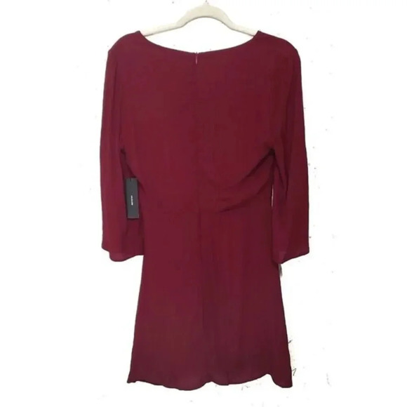 lulu’s Claremont Burgundy Tie-Front Three-Quarter Sleeve Dress - Picture 3 of 7